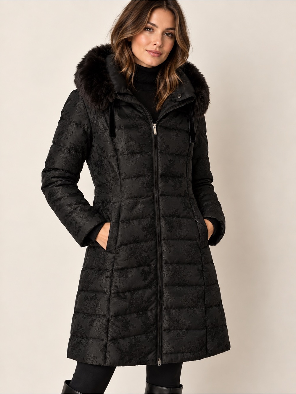 Vera Wang Black Floral Jacquard Long Puffer Coat Faux Fur Hood S
